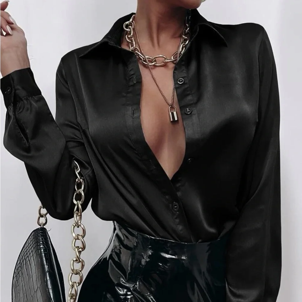 Luxe  green silky  button up boyfriend business casual satin top - Picture 9 of 16